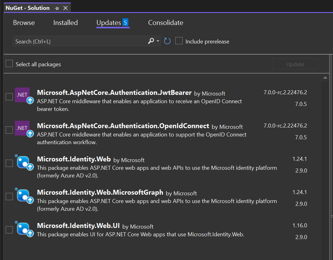 Visual Studio NuGet Updates
