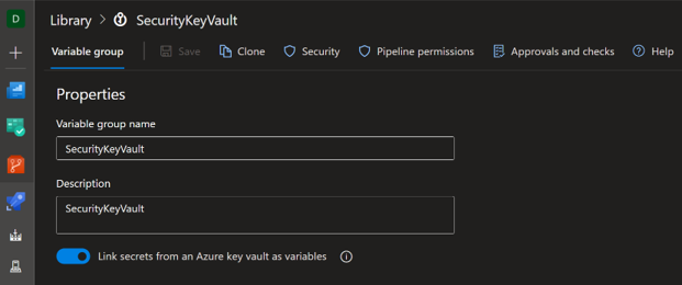 Screenshot showing Azure DevOps Library linked with Azure KeyVault.