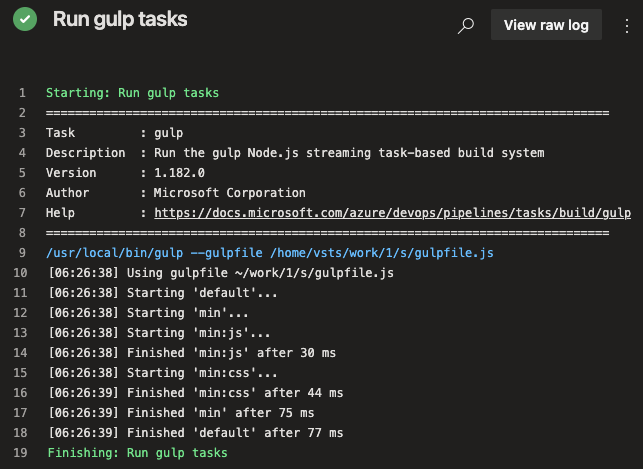Screenshot of tracing the gulp tasks in Azure Pipelines.