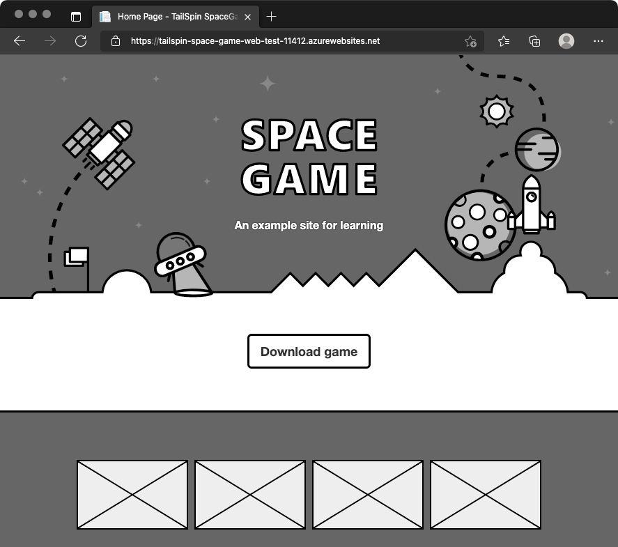 A screenshot of a web browser showing the Space Game website in the Test environment.