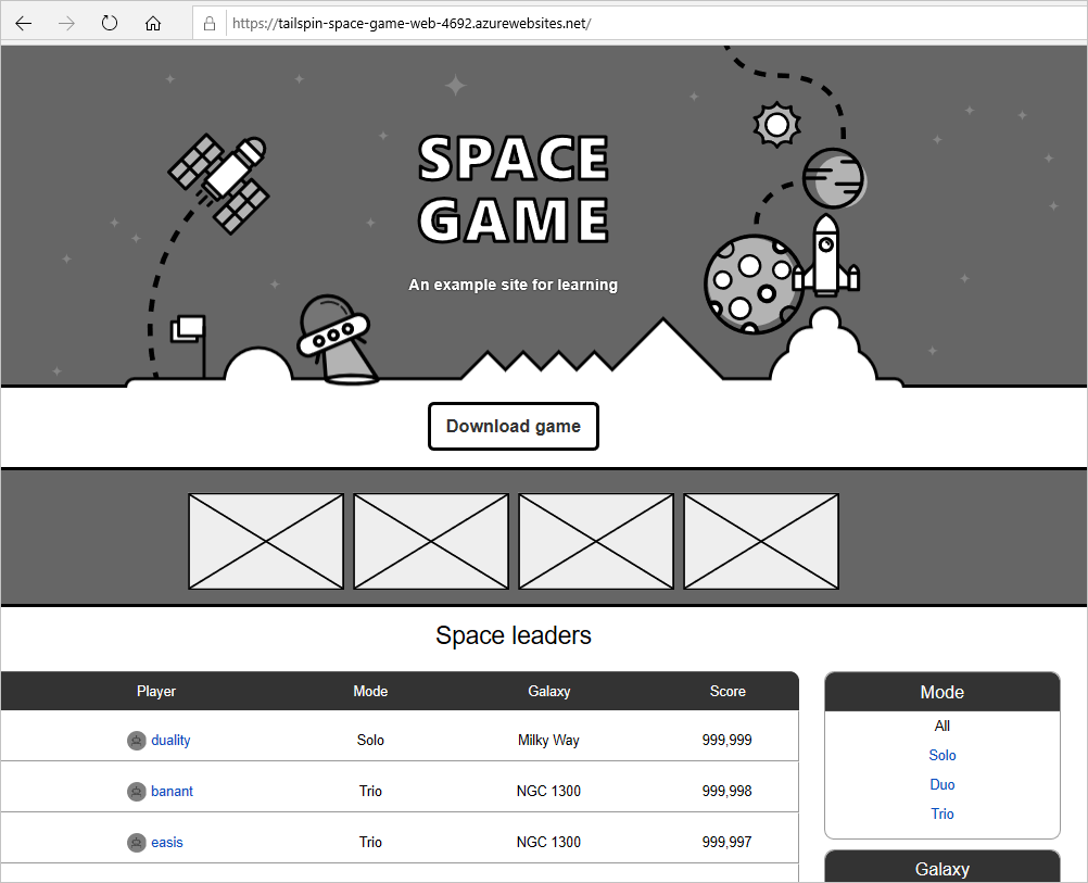 A screenshot of the Space Game web site.
