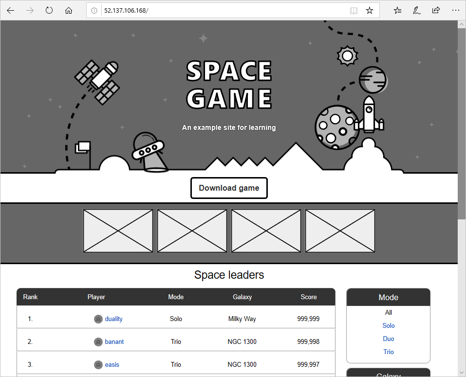 Screenshot of the Space Game web site.