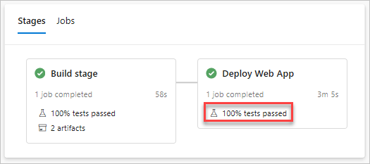 A screenshot of Azure Pipelines showing the location of the link to the test summary.