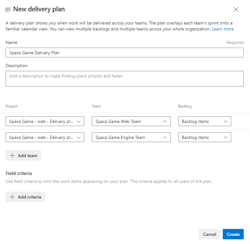Screenshot of the final delivery plan settings.