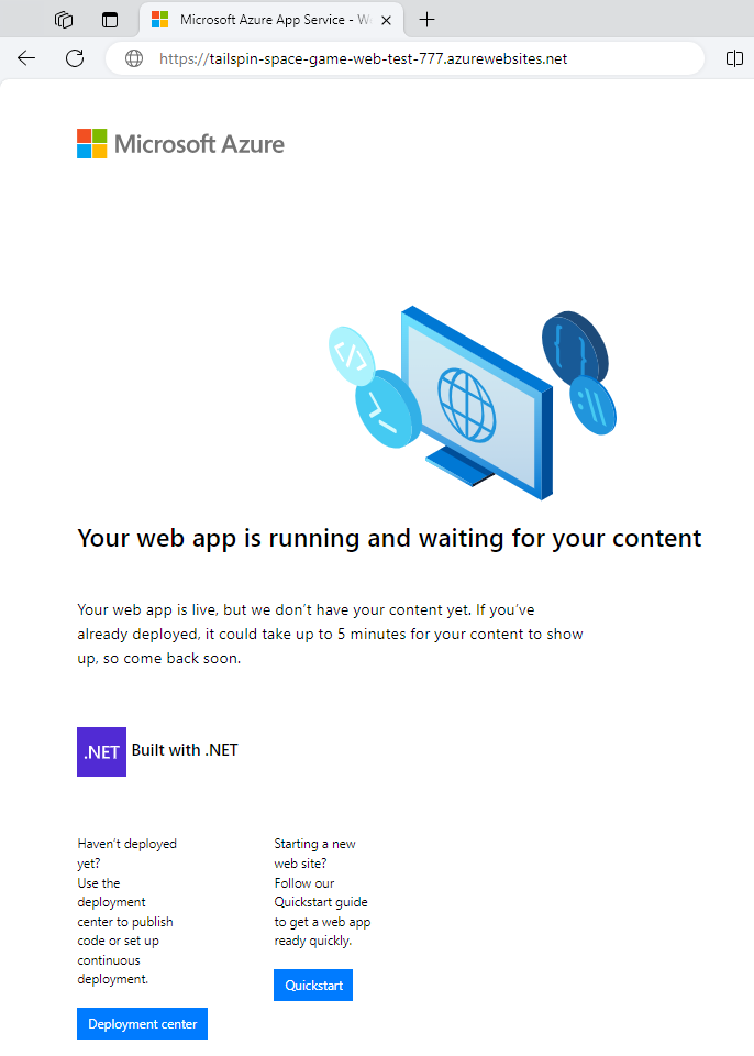 Screenshot of the default home page in Azure App Service.