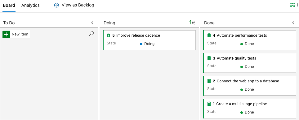 Screenshot of Azure Boards that shows the card in the Doing column.