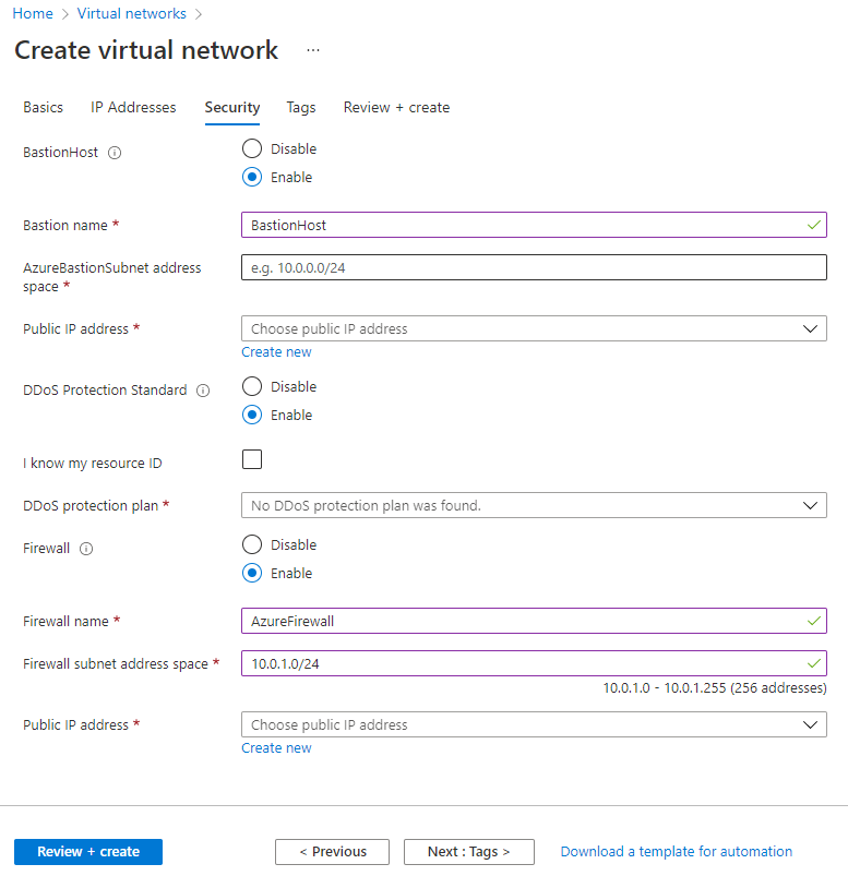 Screenshot of the Azure portal showing the security page of create virtual network.