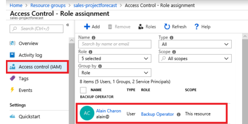 A screenshot that shows the Access Control Role Assignment pane. In the Access Control pane, settings and permissions for a user are shown.
