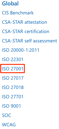 A screenshot of the Microsoft compliance offerings page. The global category is shown, and ISO 27001 is highlighted.