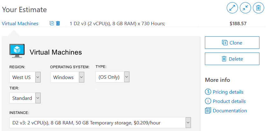 A screenshot of the Pricing calculator showing a sample estimate for virtual machines.