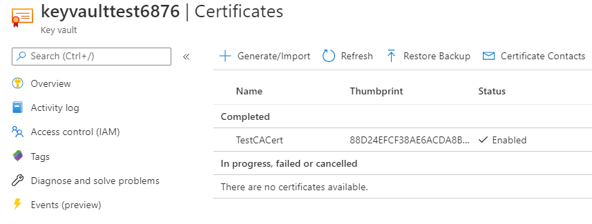 A screenshot of the Azure portal showing a test certificate in Azure Key Vault.