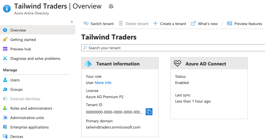 A screenshot of the Azure portal showing Azure Active Directory. The overview tab shows basic information about the current tenant.