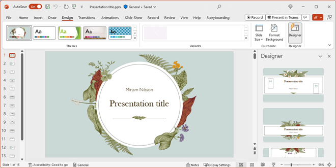 Screenshot of Designer suggestions from PowerPoint Designer.