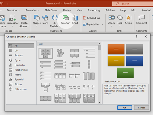 Screenshot of the SmartArt graphic options in PowerPoint.