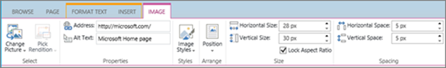 Screenshot of a section of the SharePoint Online ribbon with the Image tab selected and the selections available in the Select, Properties, Styles, Arrange, Size, and Spacing groups.