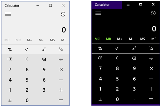 Two calculator applications with high contrast color schemes.