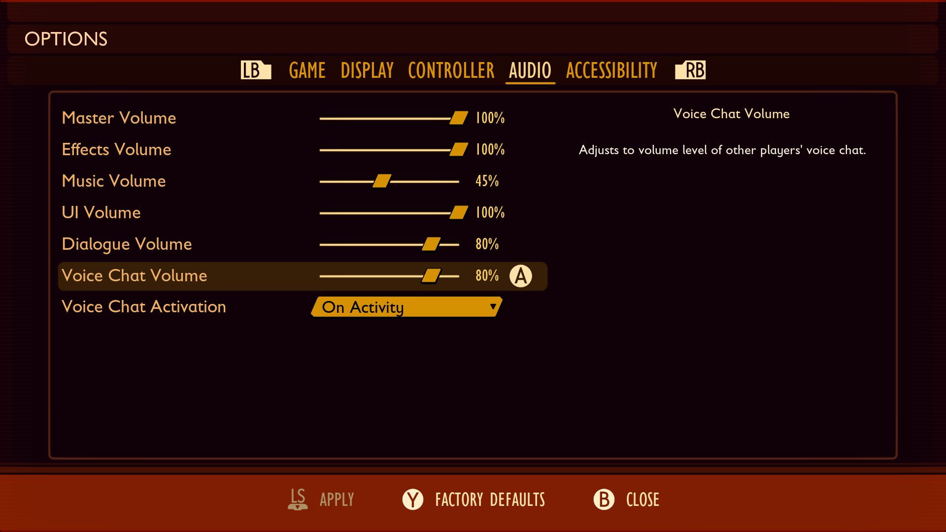 Screenshot that shows the Audio options menu in Grounded. Players use sliders to control the master, effects, music, UI, dialogue, and voice chat volume.