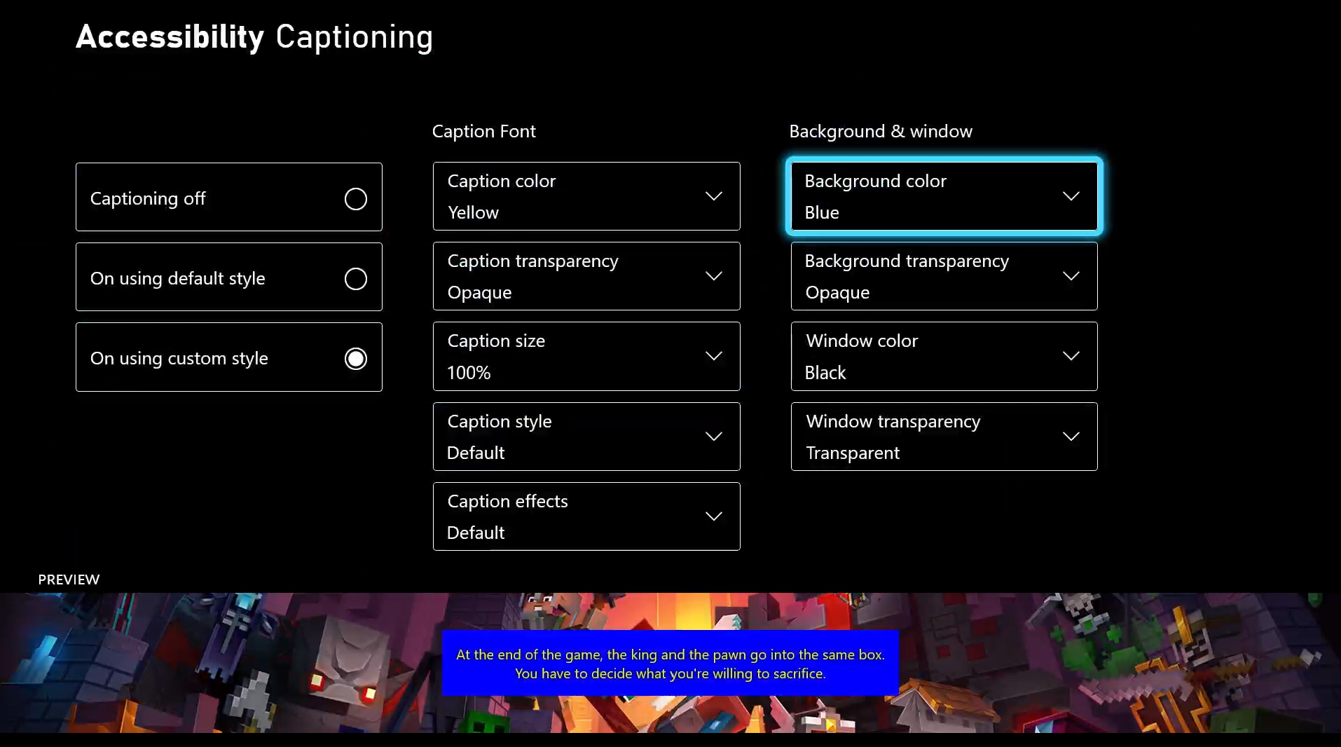 Screenshot that shows the captioning screen on Xbox. The Background Color option is highlighted and set to Blue.