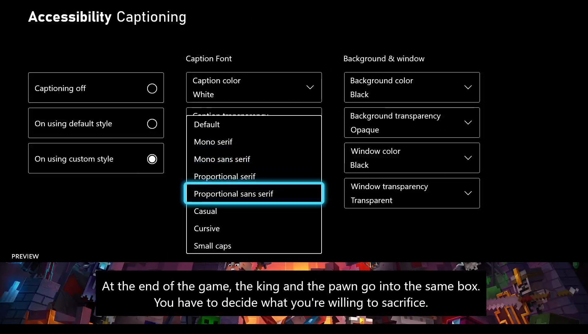 Screenshot that shows the accessibility captioning settings. The Caption style menu is expanded to reveal different style options.