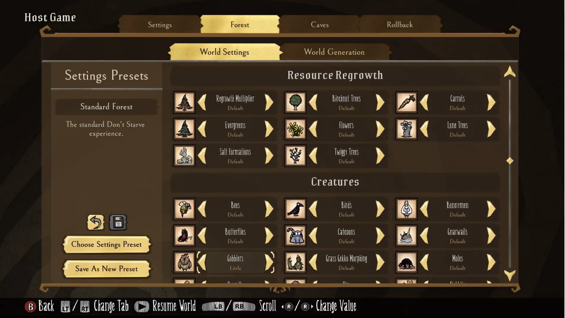 Screenshot that shows the Custom presets menu in Don't Starve Together. The Forest tab is selected.