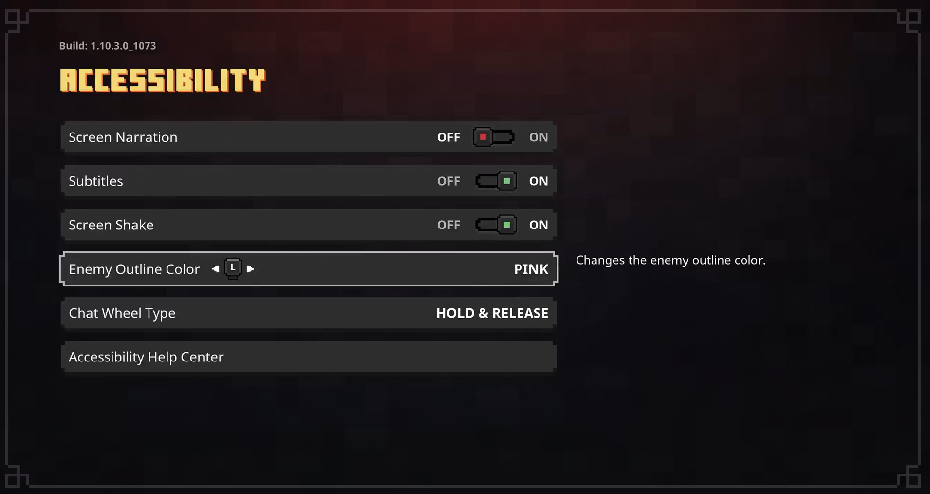 Screenshot that shows the Accessibility menu in Minecraft Dungeons. Enemy Outline Color is selected and the color is set to pink.