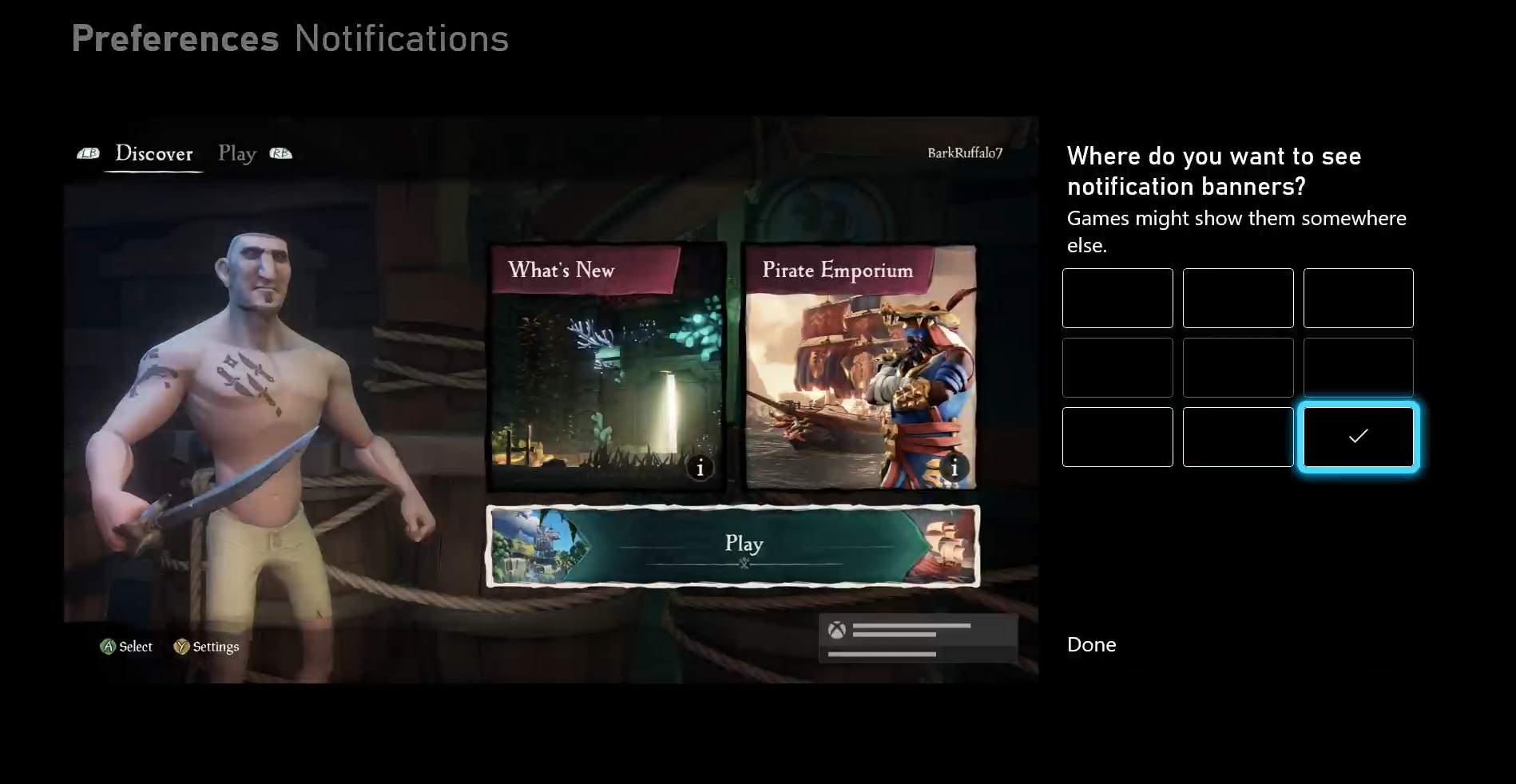 Screenshot that shows the notification preferences screen on Xbox. The lower-right box is highlighted and selected.