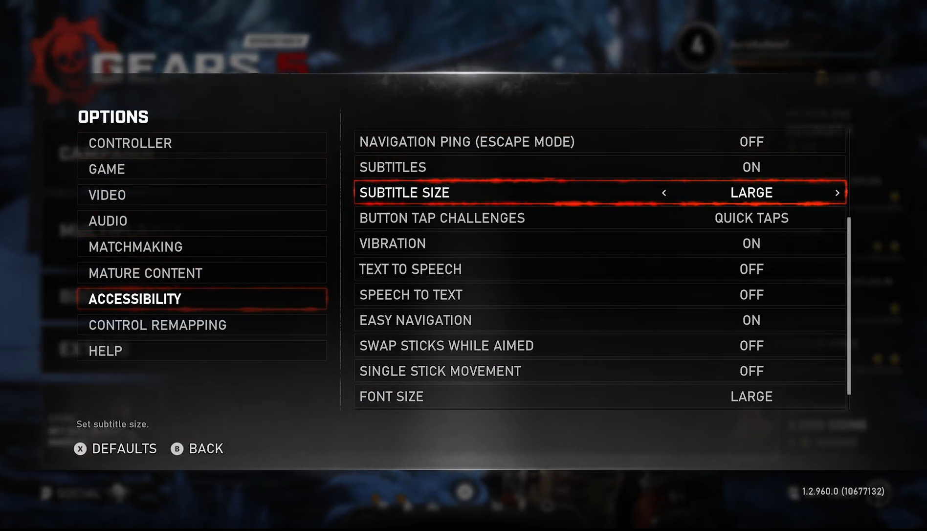 Screenshot that shows the options screen from Gears 5. Subtitle Size is highlighted and is set to Large.