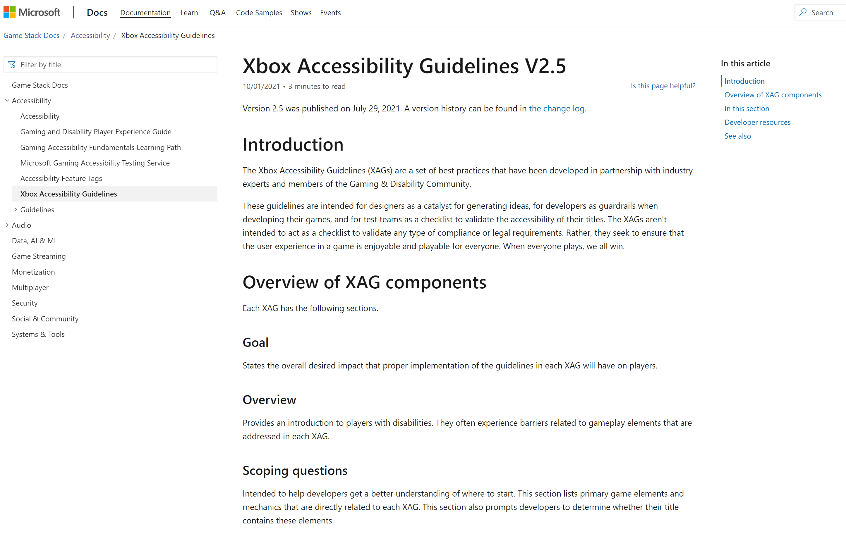 Screenshot that shows the Xbox Accessibility Guidelines V2.5 website shown in Microsoft Edge.