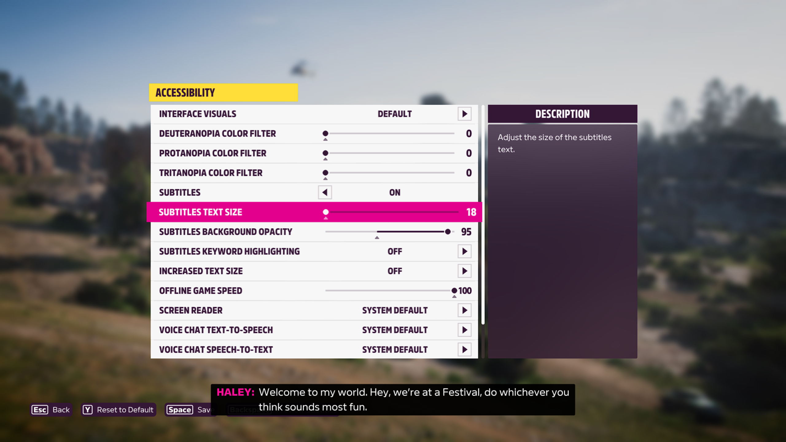 A screenshot that shows the Forza Horizon 5 Accessibility settings menu. The Subtitles Text Size option has focus. A slider to increase and decrease subtitle text size is provided. A preview of the user's current subtitle settings is shown at the bottom of the screen.