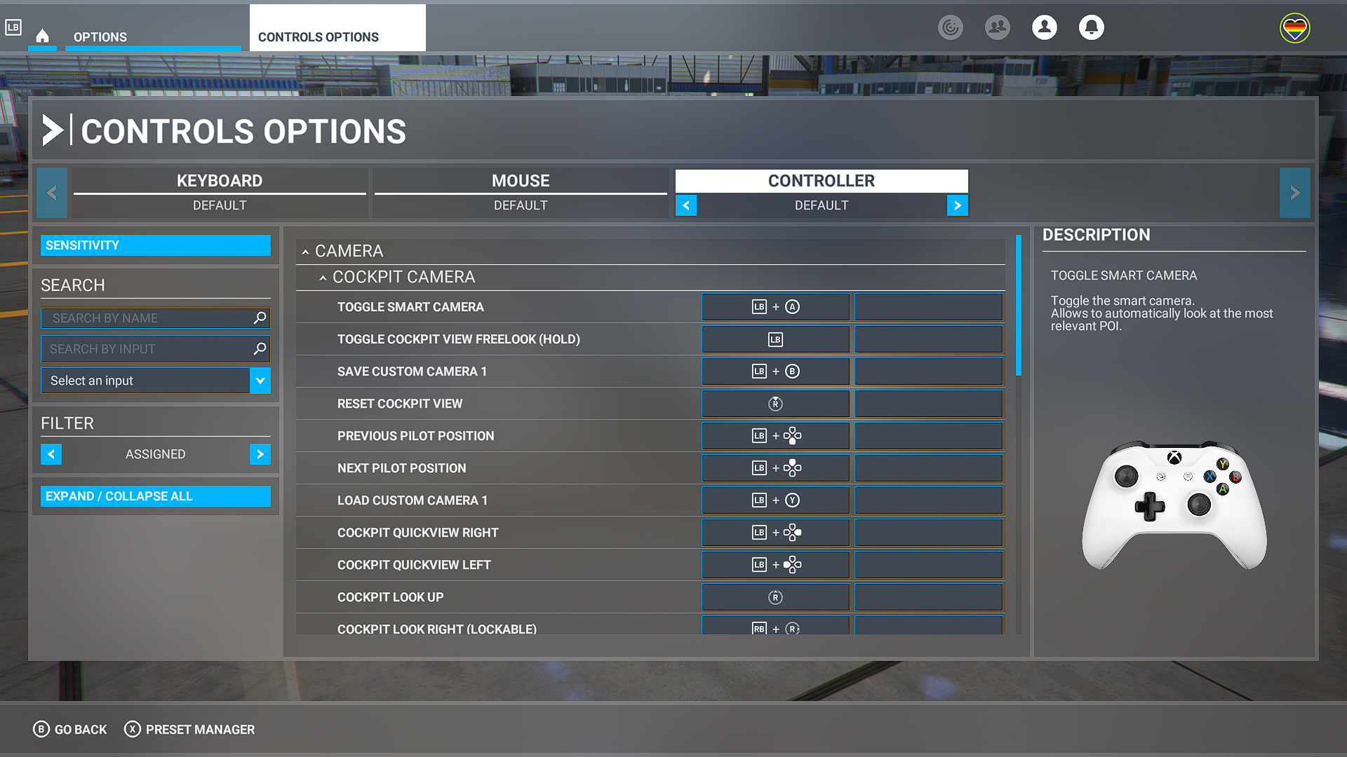 A screenshot that shows the Microsoft Flight Simulator Controls Options menu. The controller option is selected. A long list of game controls that can be reassigned to the player's desired controller input is displayed.