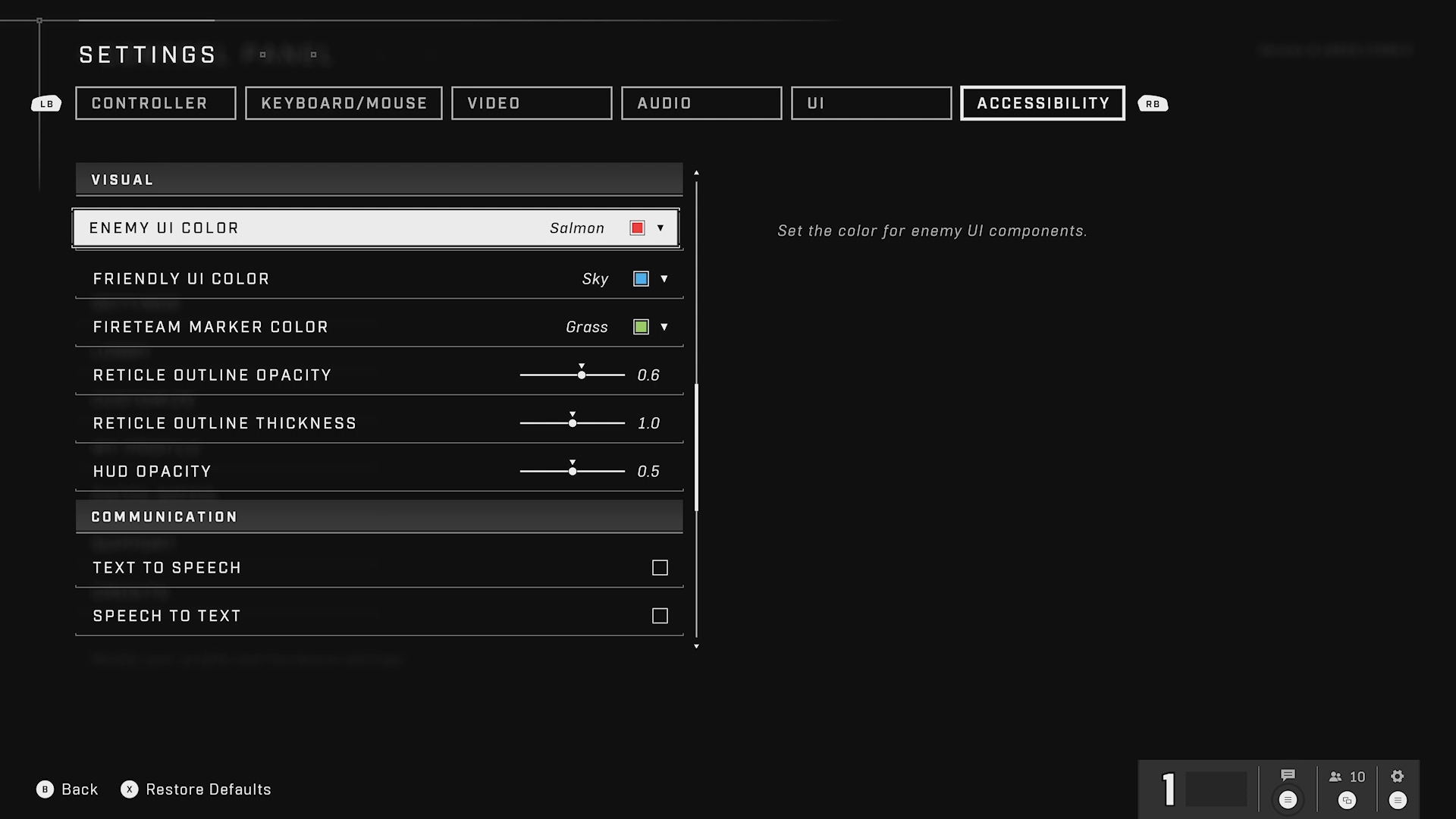 A screenshot that shows the Halo 5 Accessibility menu. Under the Visual tab, the player can choose from various colors for the enemy UI color, friendly UI color, and fire team marker color options.