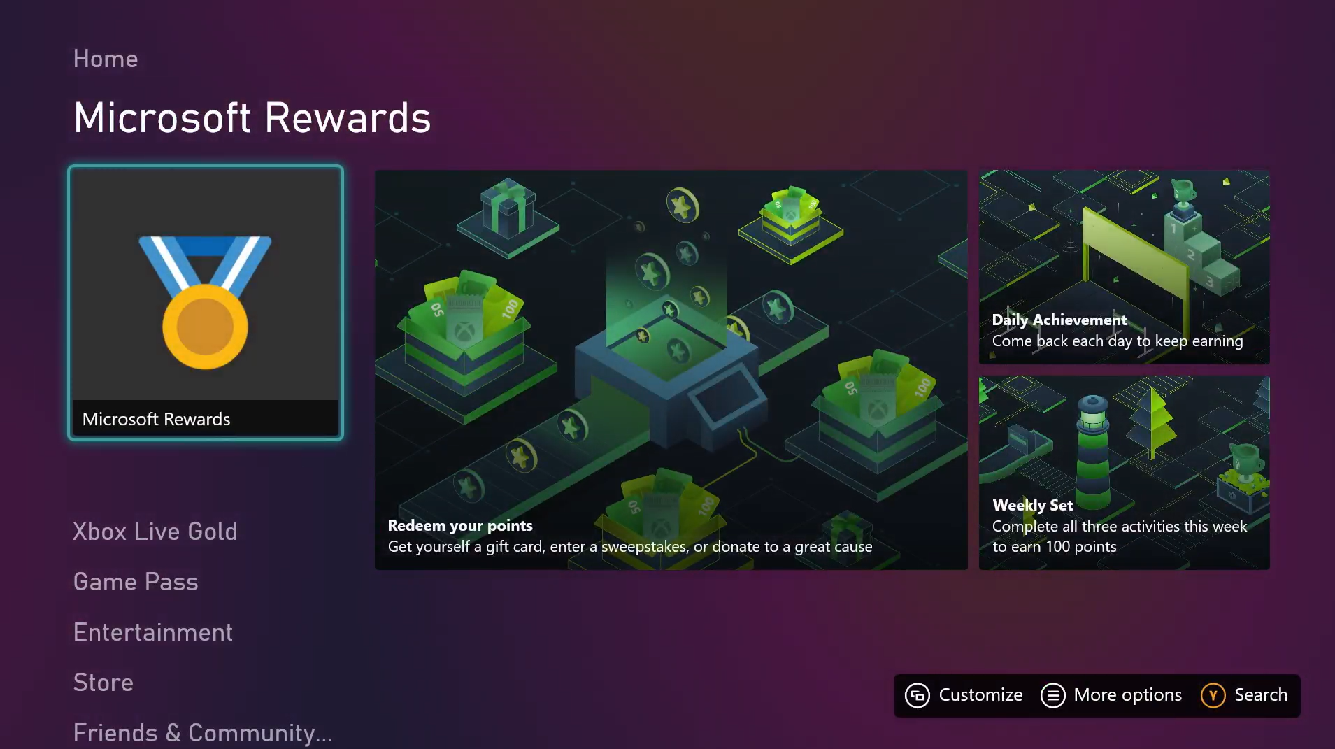 A screenshot that shows the Xbox home screen. The Microsoft Rewards tab has focus. Buttons consisting of images with text on top of them are displayed. Behind the buttons, a gradient color pattern of purples and pinks is displayed.
