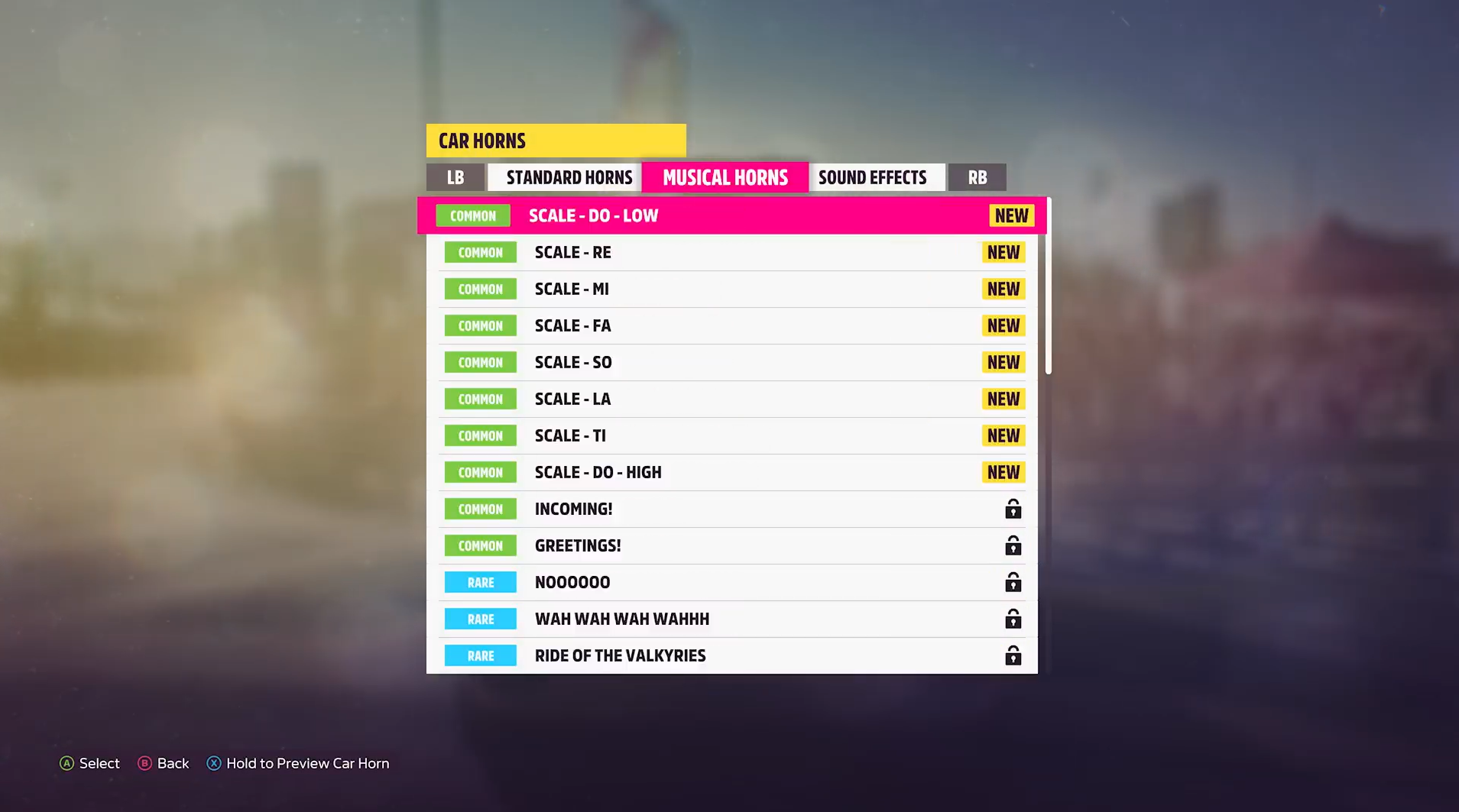 A screenshot that shows the Forza Horizon 5 Car Horns menu. The entire screen is displayed, including the Standard Horns, Musical Horns, and Sound Effects tabs.