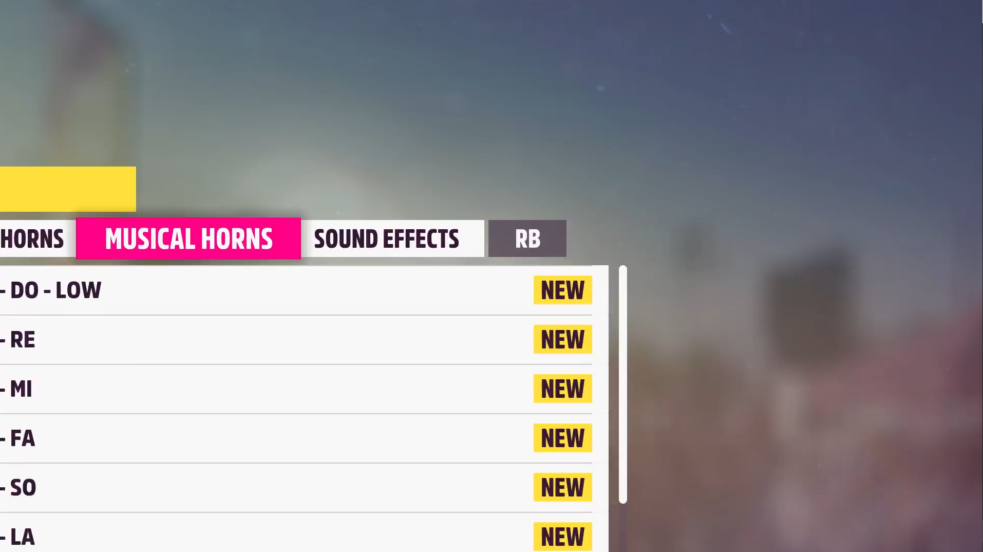 A screenshot that shows the Forza Horizon 5 Car Horns menu, now zoomed in on a specific section of the screen. Only a portion of the original screen is displayed with text and images larger than they were previously.
