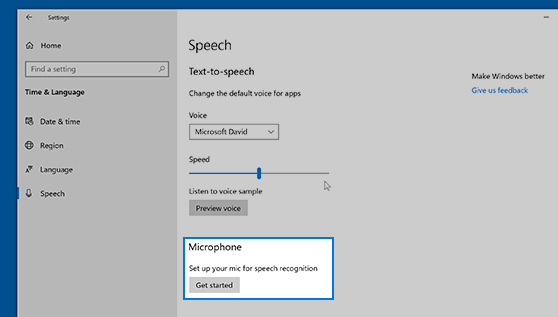 Screenshot of how to configure speech recognition for Windows 10.