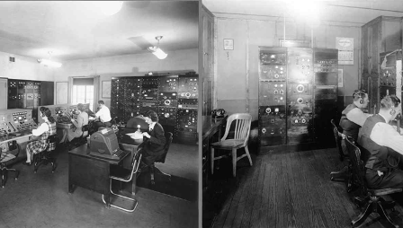 1940s radio operators' room showing early equipment racks from the Inland Marine Radio History Archive, 2012.