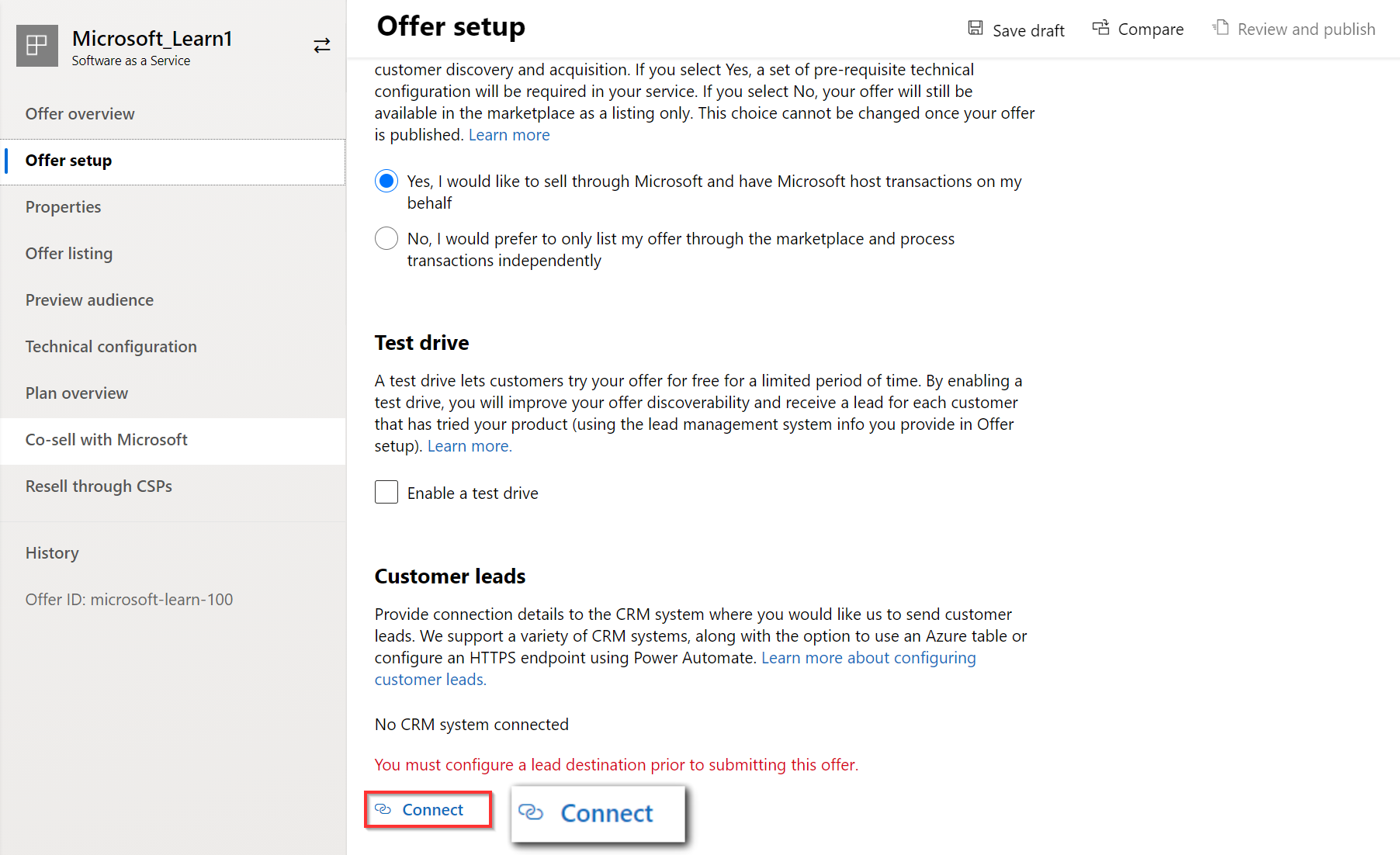 Screenshot of the offer setup page in Partner Center with focus on the customer leads configuration.