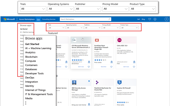 Screenshot of the Azure Marketplace apps landing page with emphasis on application categories and filters.