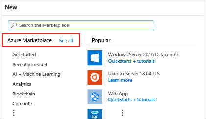 Screenshot of the Azure portal new resource page with Azure Marketplace.