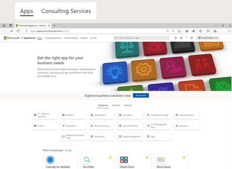 Screenshot of Microsoft AppSource homepage with emphasis on apps and consulting services buttons.