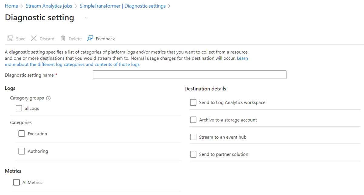 Screenshot that shows the Diagnostics settings page in the Azure portal.