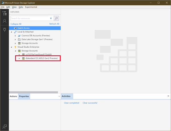 Screenshot showing available storage areas in Storage Explorer.
