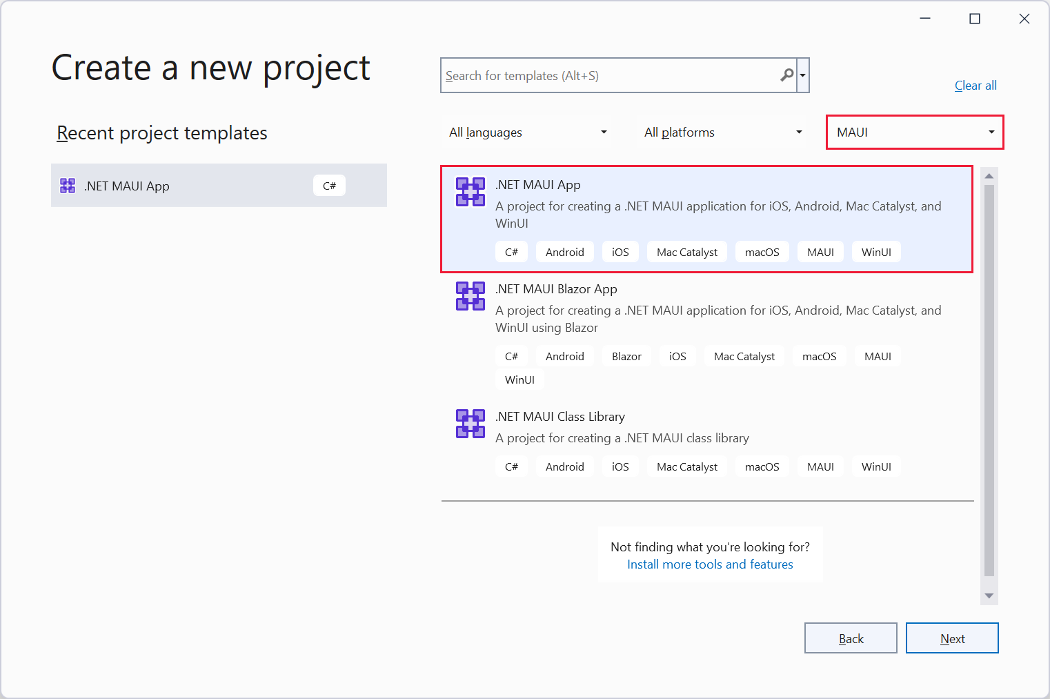 A screenshot of the Create a new project dialog box in Visual Studio. The user has selected the .NET MAUI App template.