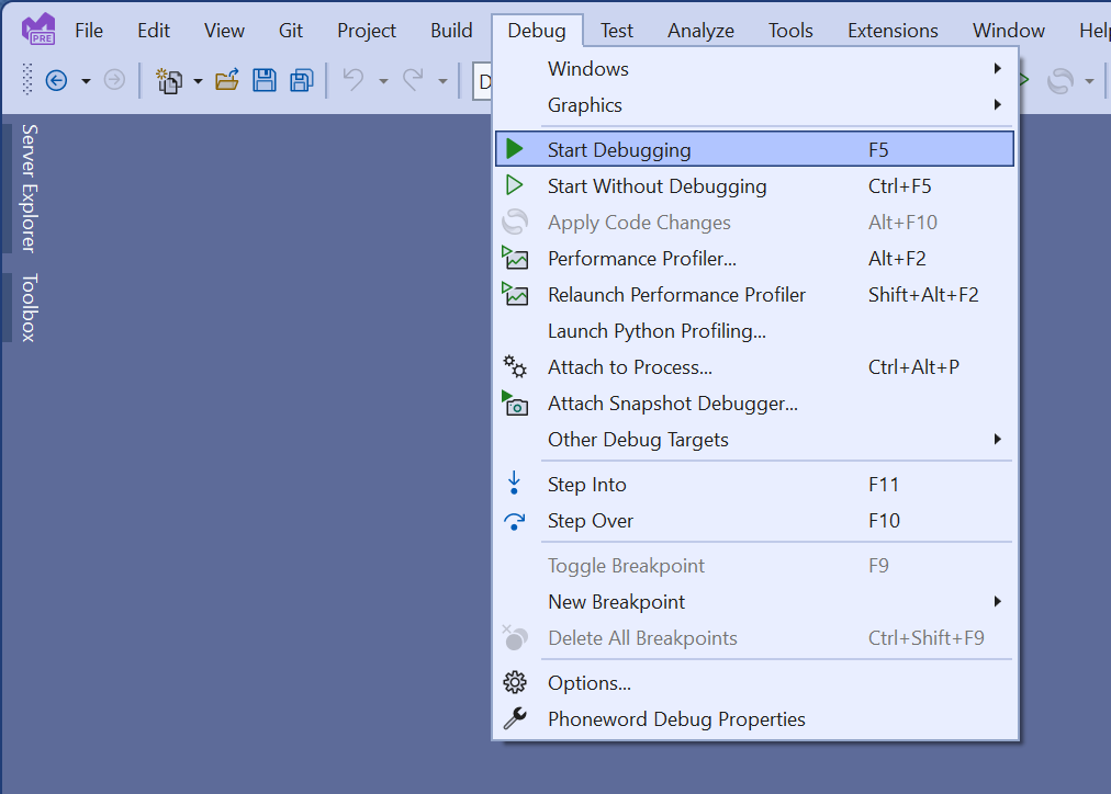 A screenshot of the Visual Studio debug menu. The user has started debugging the app using the Windows Machine profile.
