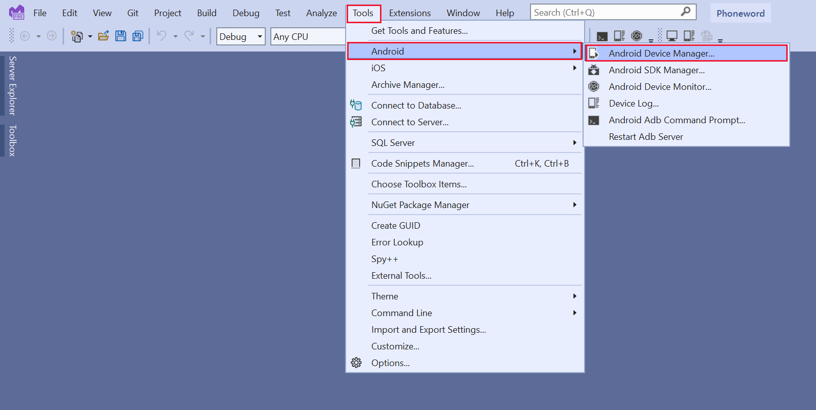 A screenshot of the Visual Studio tools menu. The user has selected the Android Device Manager option.