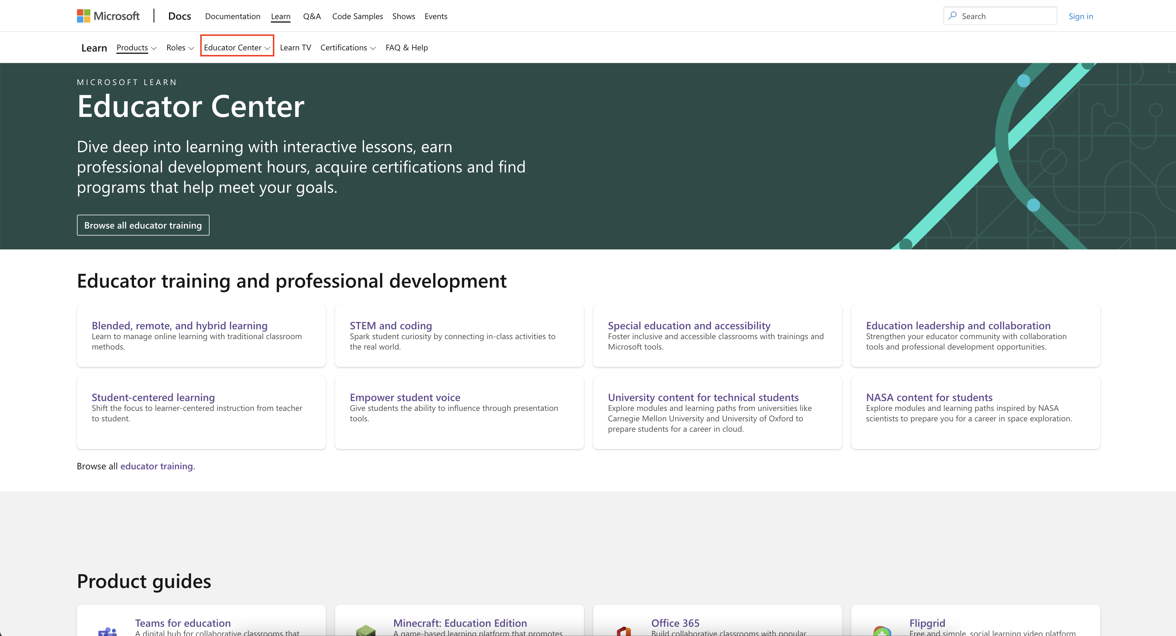 Screenshot of the Microsoft Learn Educator Center overview page with Educator Center highlighted in the navigation