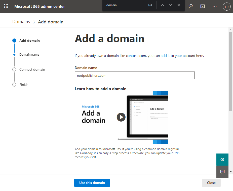 Screenshot of Microsoft 365 admin center - Add a new domain.