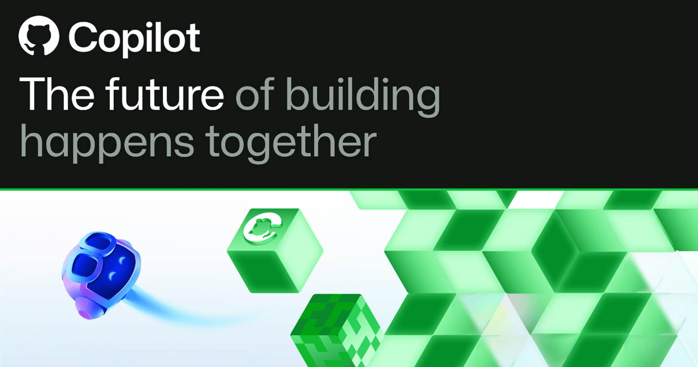 Illustration of GitHub Copilot branding with the tagline The future of building happens together.