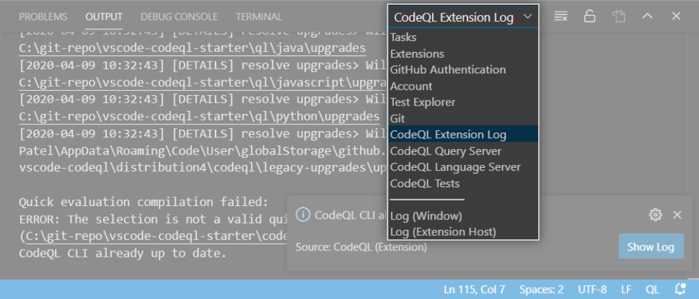 Screenshot showing how to select the logs in the Output view.
