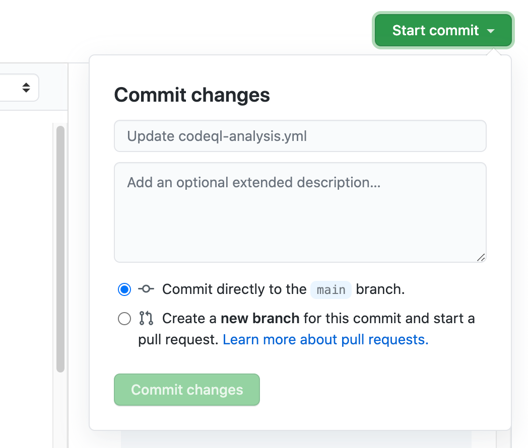 screenshot of the start commit button